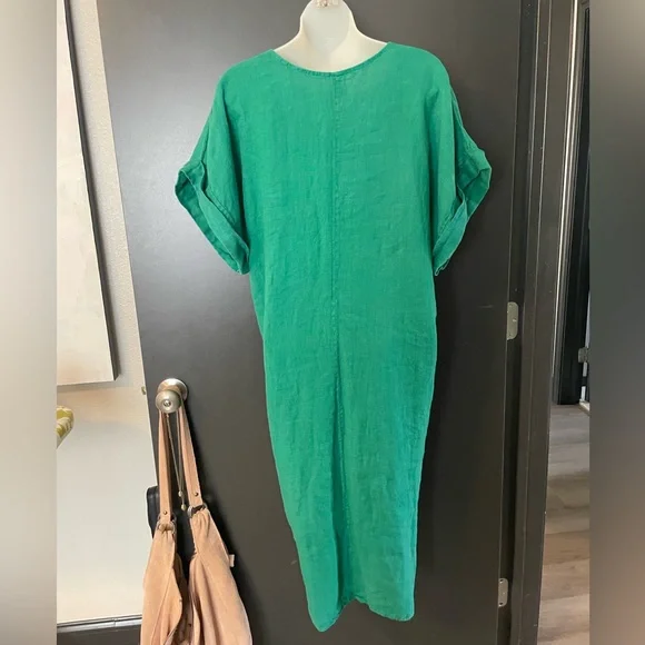 Venti6 Green Women's linen dress or Swim Cover-Up caftan garden cottage - Picture 6 of 8